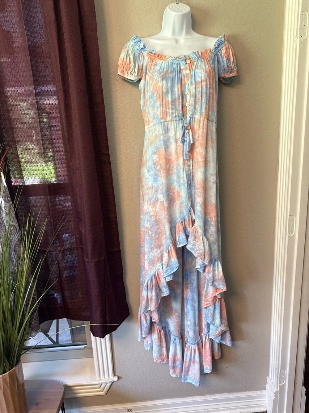 #912 Tiare Hawaii On/Off Shoulder Pastel Ruffle High Low Maxi Dress Size S/M